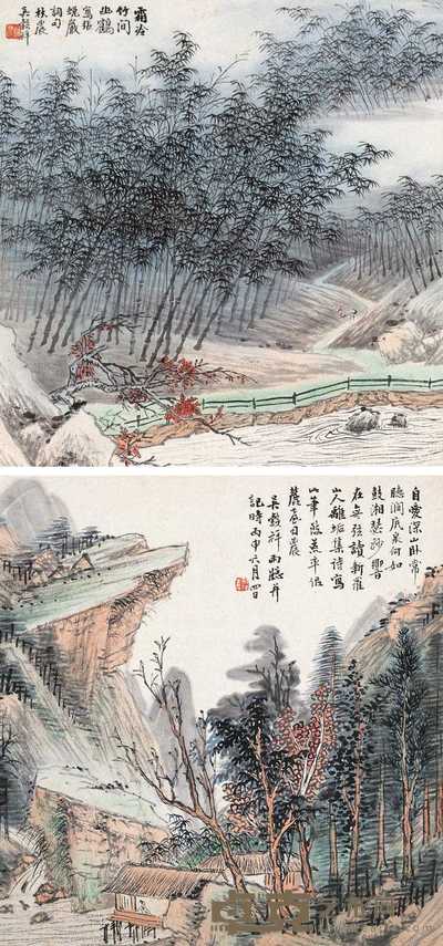 吴谷祥 竹间幽鹤(二件) 镜心 32×30.5cm×2